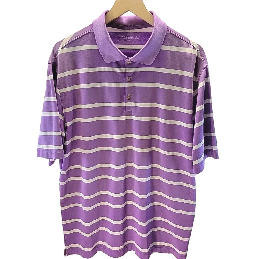 Nike Dri-Fit Golf‎ Shirt Mens L Purple Striped Short Sleeve Outdoor Athleisure